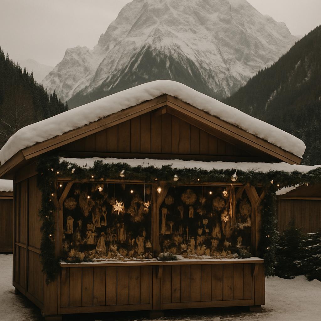 Image of a snow-covered Christmas market stall in an alpine setting, with decorated figurines for sale. The stall features...